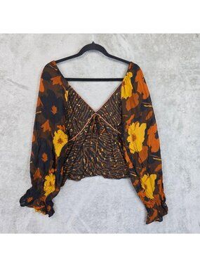 Conditions Apply Blouse Womens XL Multi V Neck Long Balloon Sleeve Floral Boho